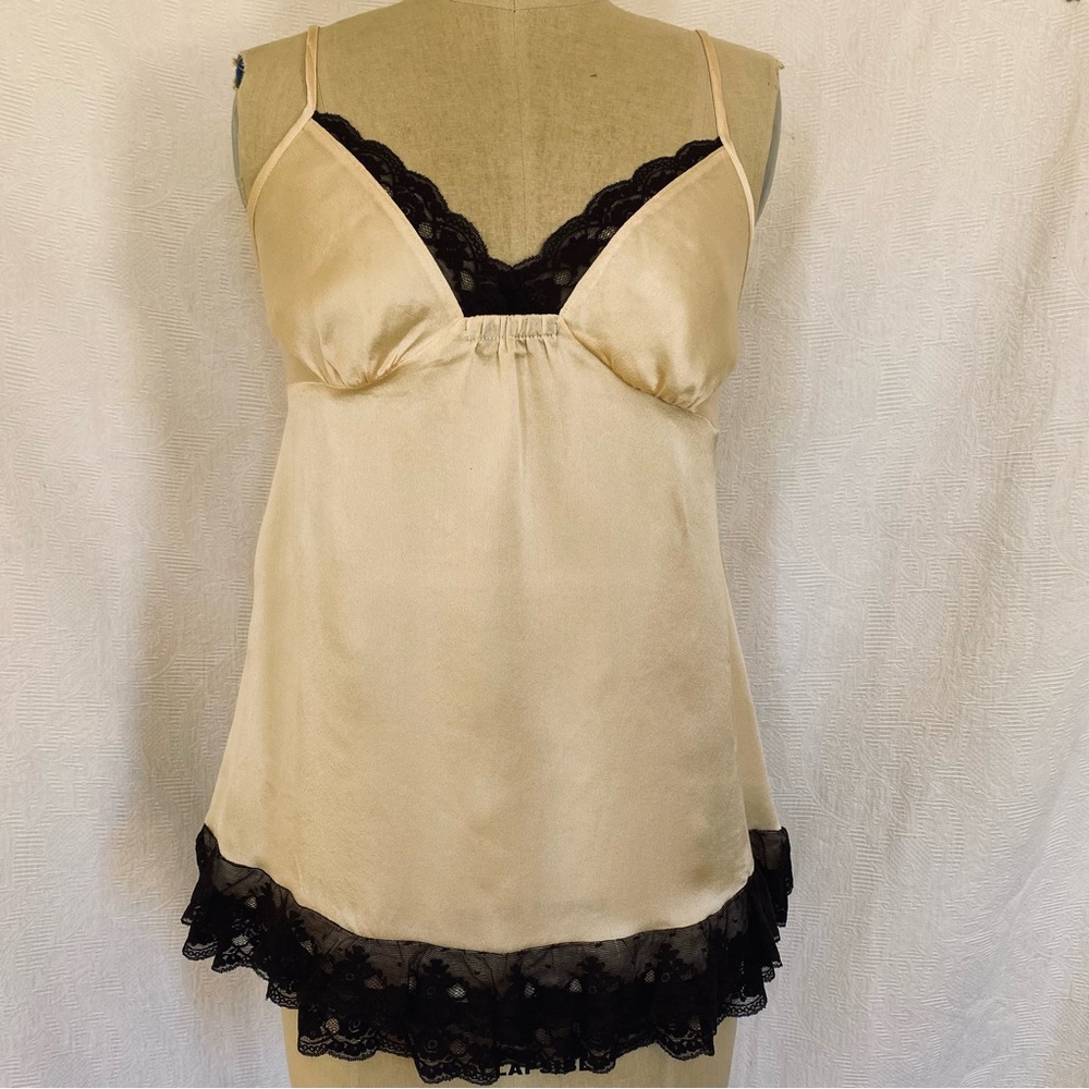 Pure silk M chemise/slip cream silk black lace trim